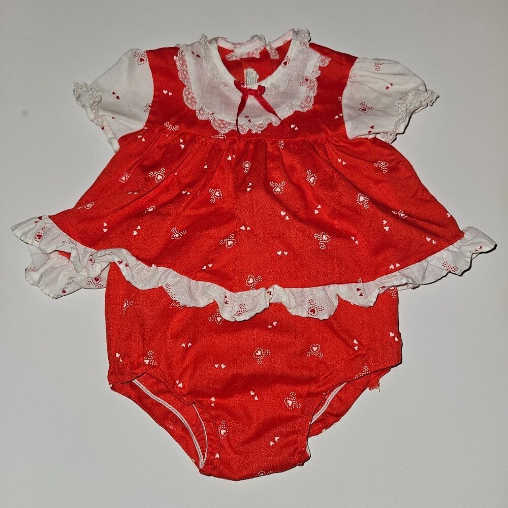 VTG Red Dress White Hearts Matching Bloomers Baby Girl 9 Months RN 38575 Jolene